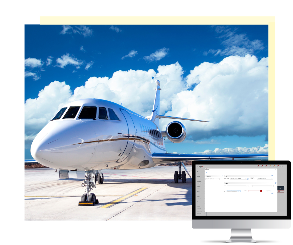White private jet sits on runway under a blue sky overlayed with REDiFly sales software device